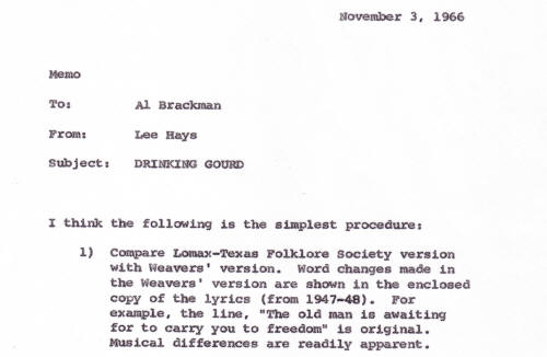 Drinking Gourd memo from Lee Hays to Al Brackman